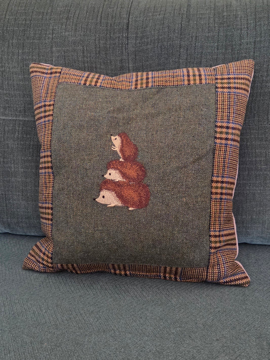 Hedgehogs Bespoke handmade embroidered Tweed Cushion with 3 hedgehogs image