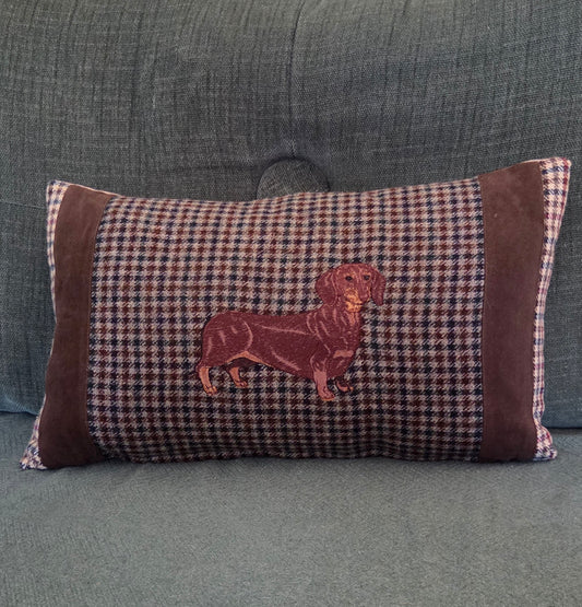 Brown Dachshund bespoke handmade embroidered tweed cushion