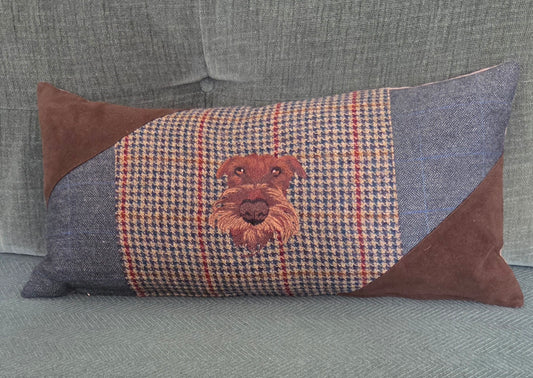 Welsh terrier bespoke handmade embroidered tweed cushion