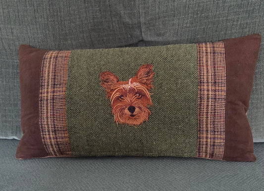 Yorkshire terrier bespoke handmade embroidered tweed cushion