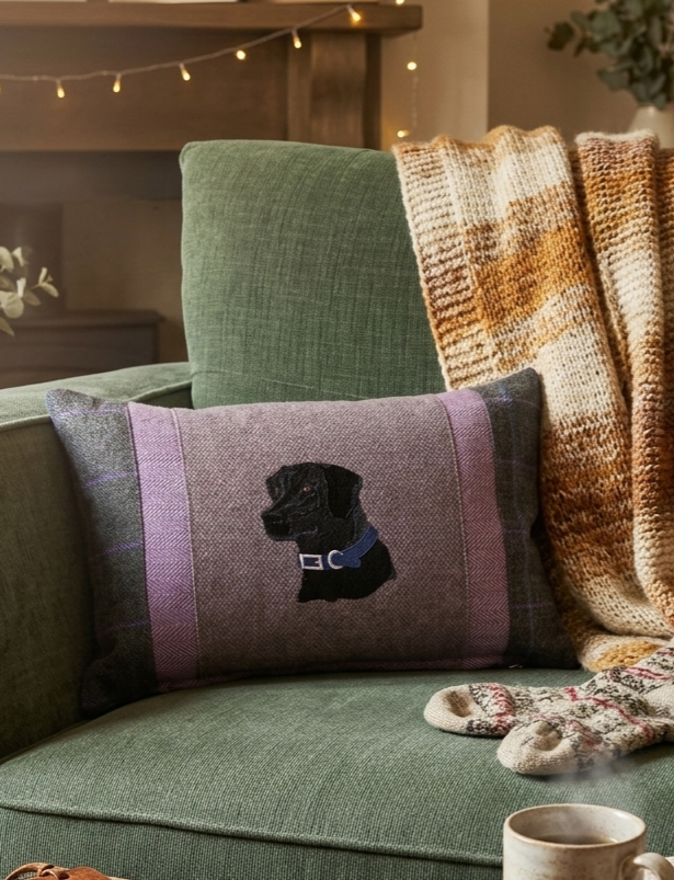 Black Labrador bespoke handmade embroidered tweed cushion