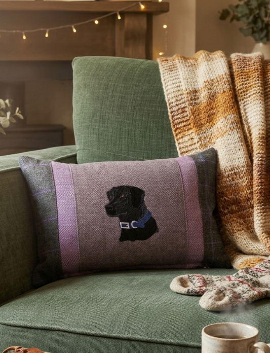 Black Labrador bespoke handmade embroidered tweed cushion