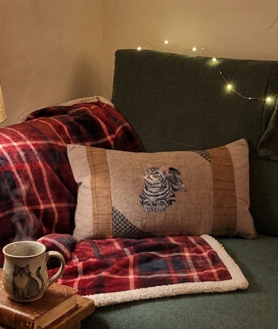 Grey tabby cat bespoke handmade embroidered tweed cushion