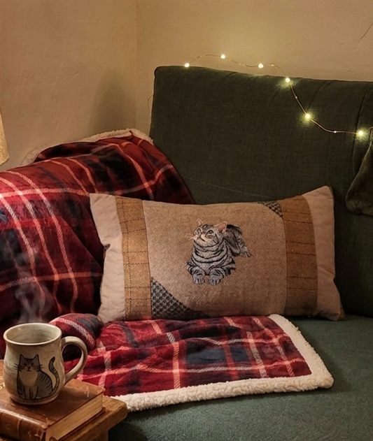 Grey tabby cat bespoke handmade embroidered tweed cushion