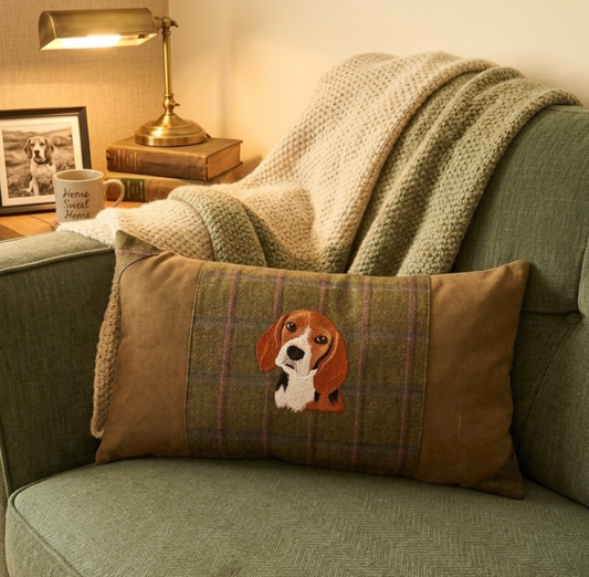 Beagle Bespoke handmade embroidered tweed cushion