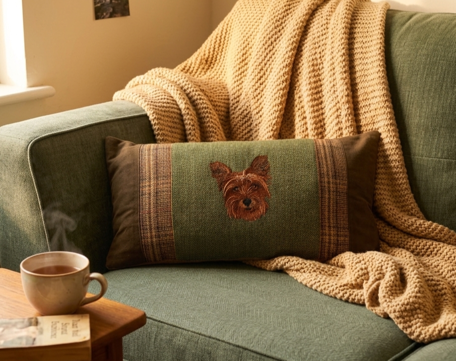Yorkshire terrier bespoke handmade embroidered tweed cushion