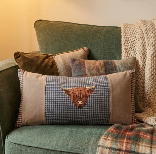 Highland cow bespoke handmade embroidered tweed cushion