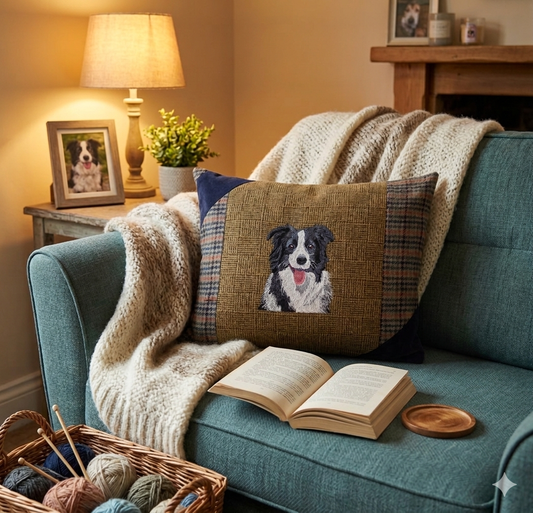 Border collie bespoke handmade embroidered tweed cushion