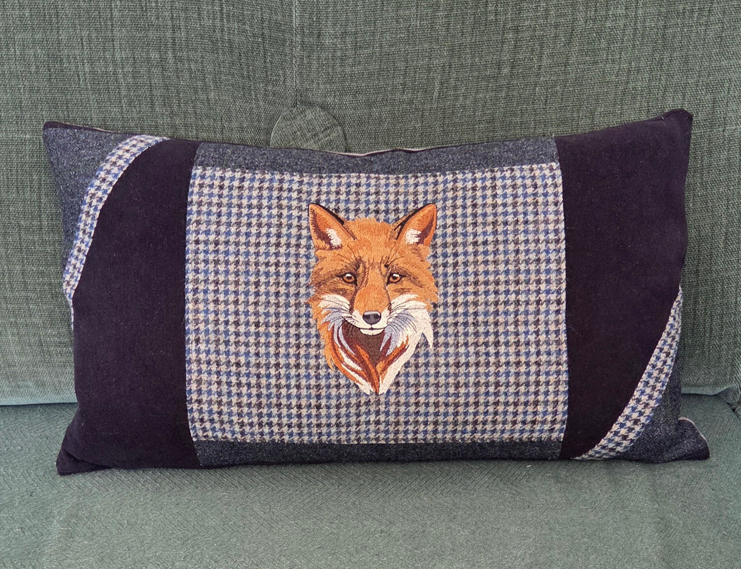 Bespoke Handmade embroidered tweed cushion with fox image