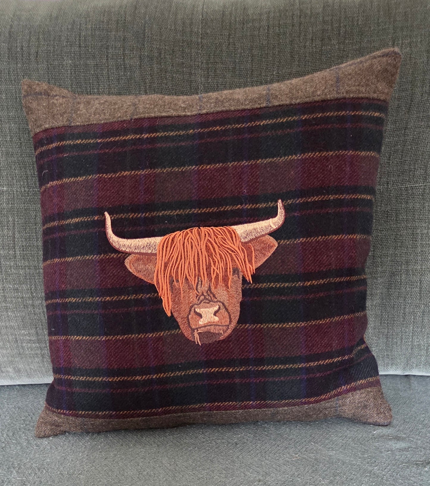 Bespoke Handmade embroidered tweed cushion with Highland cow image