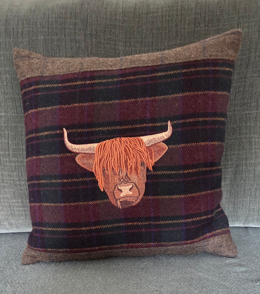 Bespoke Handmade embroidered tweed cushion with Highland cow image