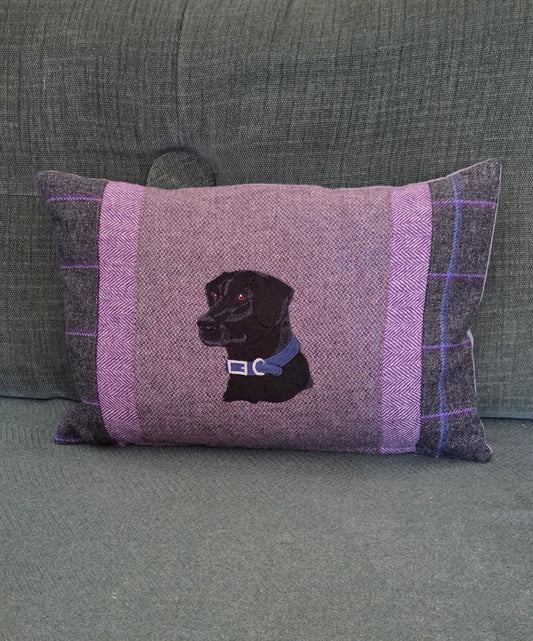 Black Labrador bespoke handmade embroidered tweed cushion