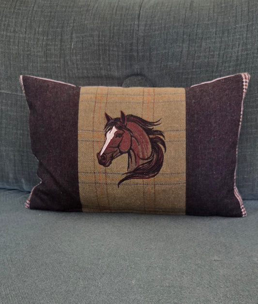 Horse bespoke handmade embroidered tweed cushions