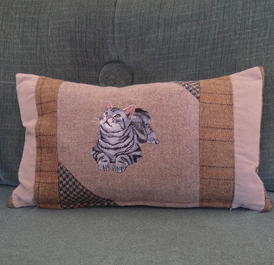 Grey tabby cat bespoke handmade embroidered tweed cushion