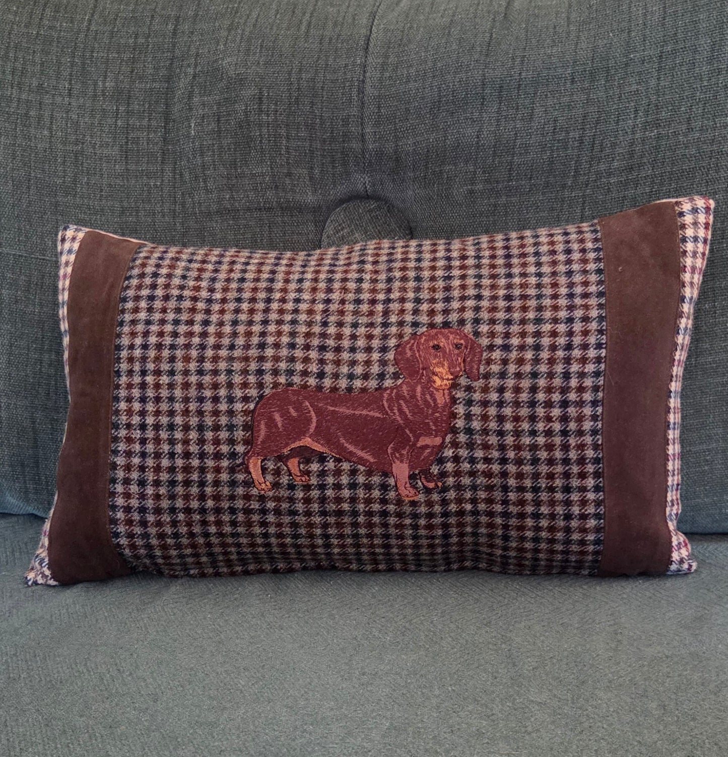 Brown Dachshund bespoke handmade embroidered tweed cushion