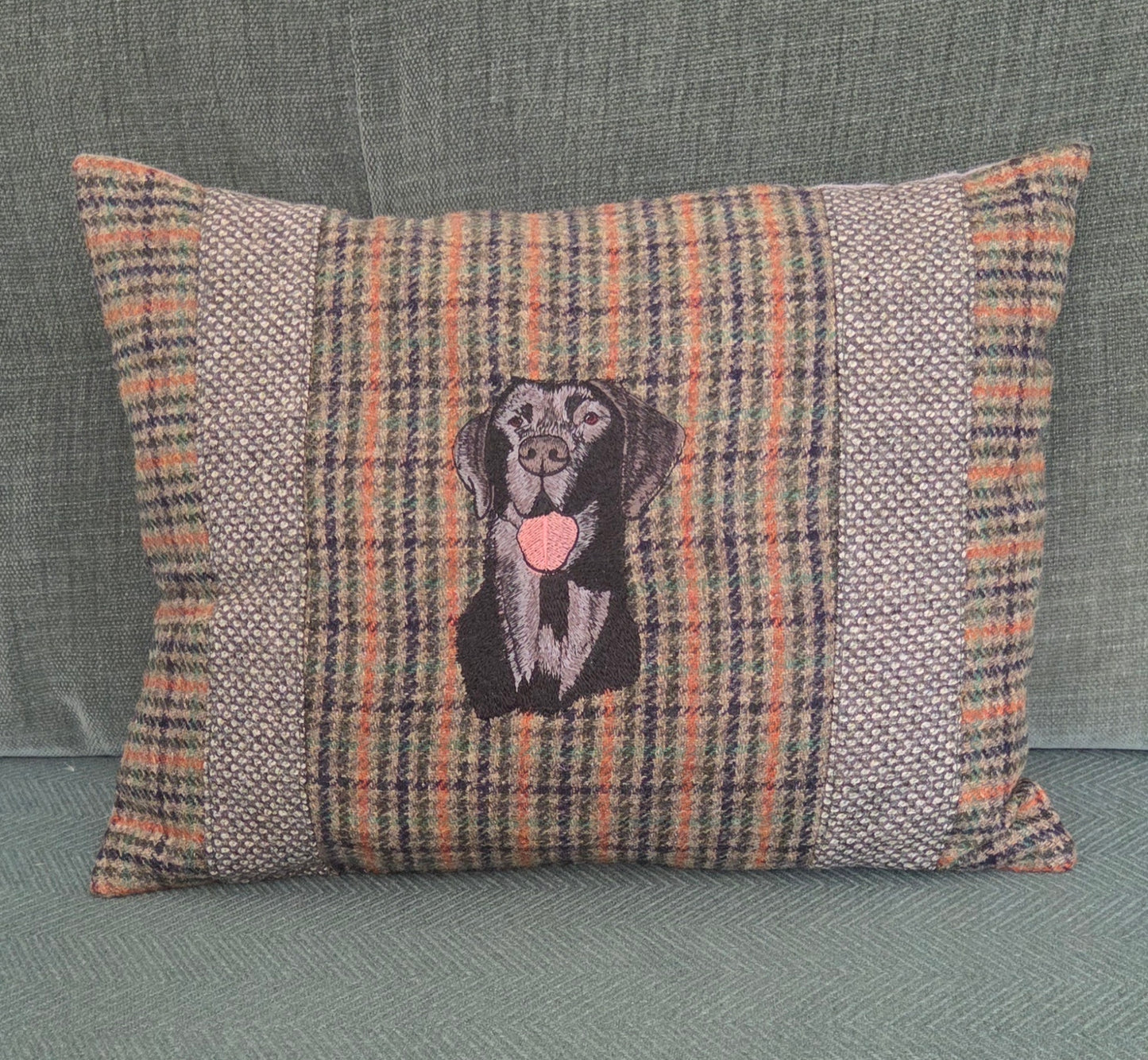 Black Labrador bespoke handmade embroidered tweed cushion