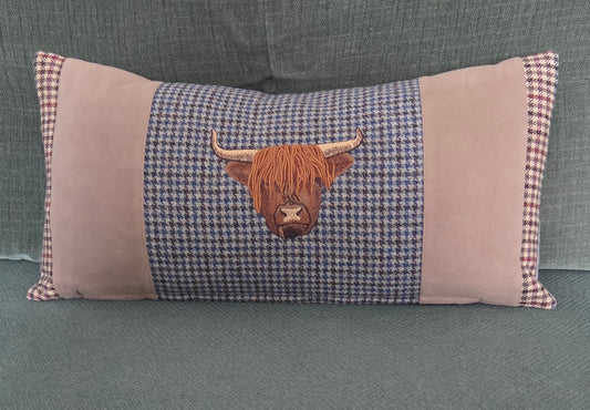 Highland cow bespoke handmade embroidered tweed cushion