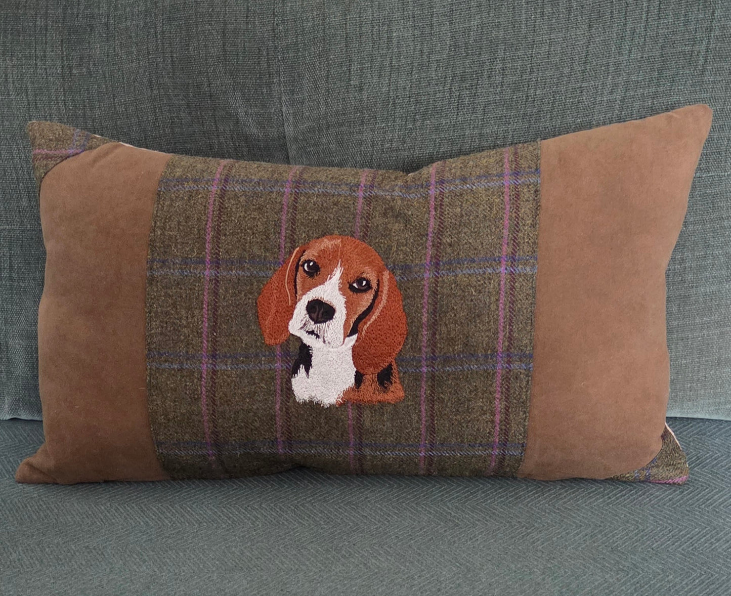 Beagle Bespoke handmade embroidered tweed cushion
