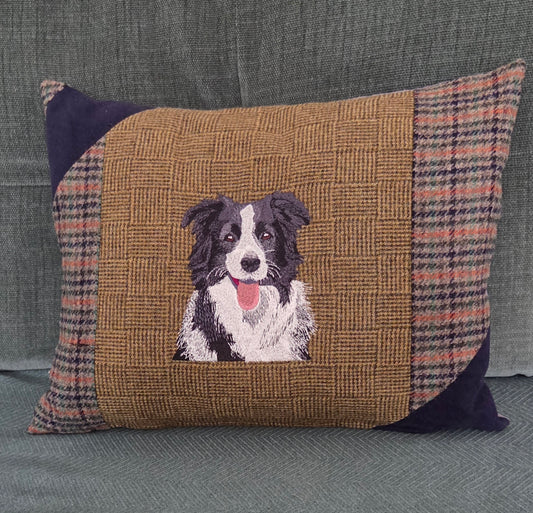 Border collie bespoke handmade embroidered tweed cushion