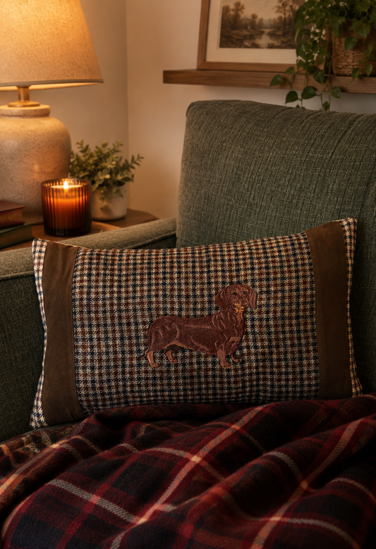Brown Dachshund bespoke handmade embroidered tweed cushion