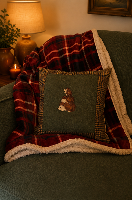 Hedgehogs Bespoke handmade embroidered Tweed Cushion with 3 hedgehogs image