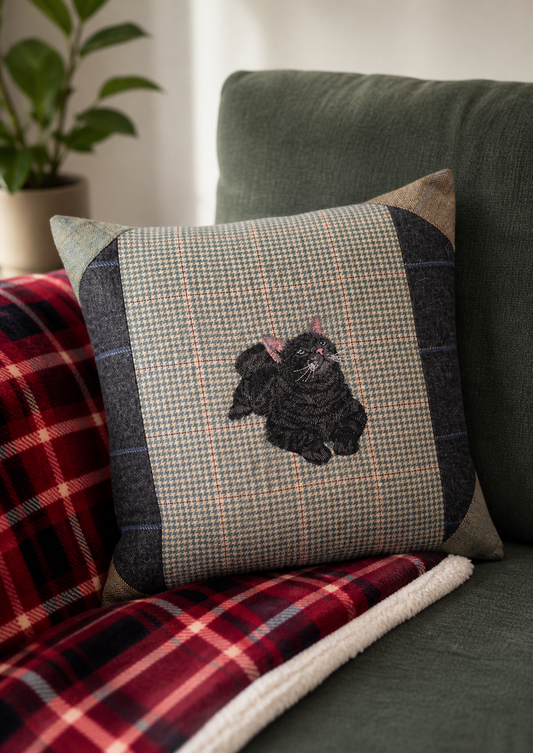 Bespoke embroidered handmade tweed cushions