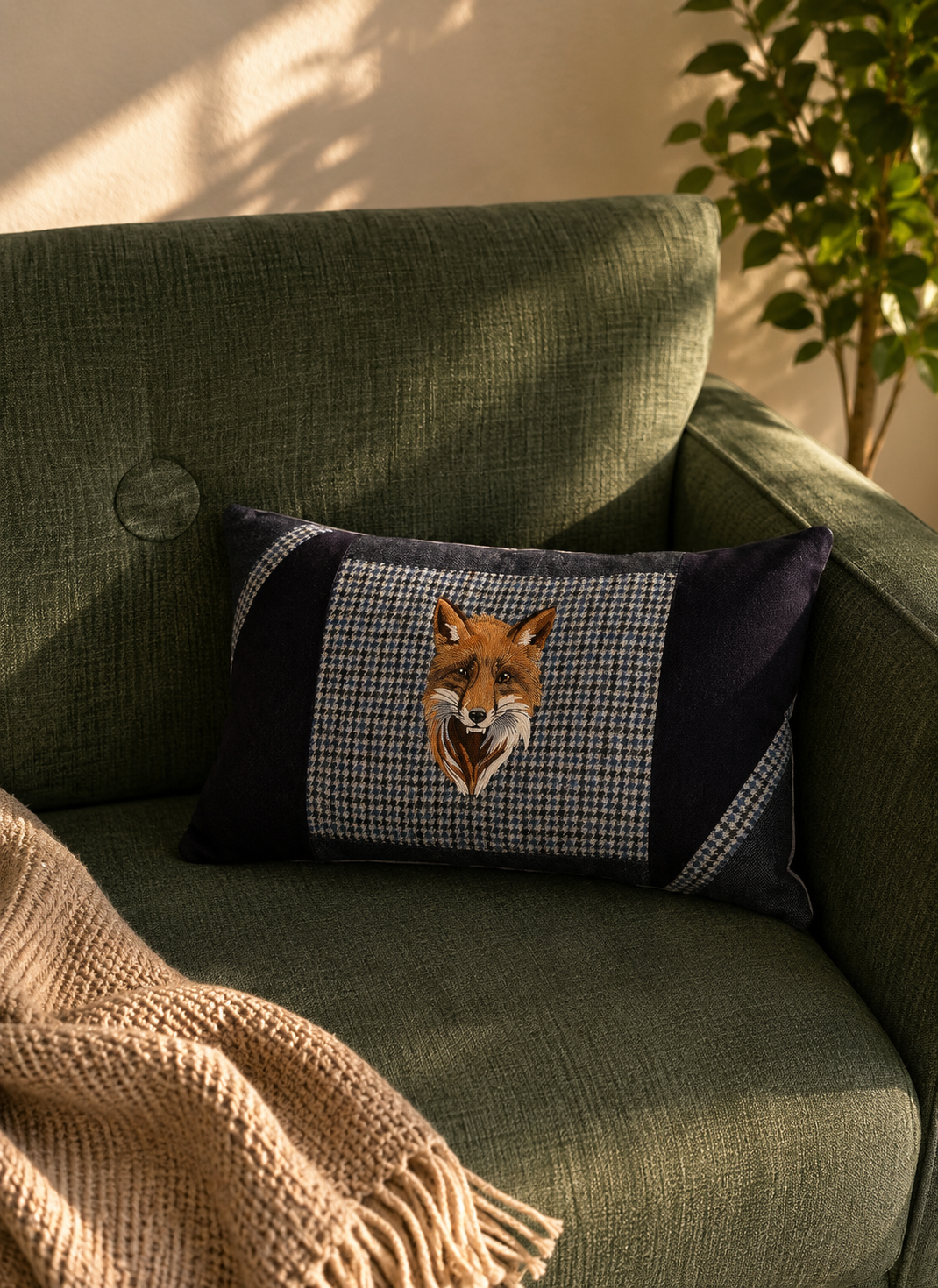 Bespoke Handmade embroidered tweed cushion with fox image