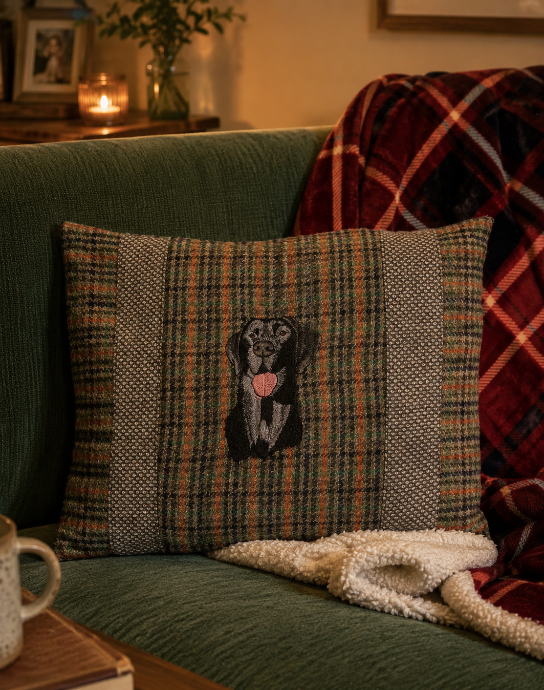 Black Labrador bespoke handmade embroidered tweed cushion