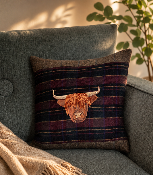 Bespoke Handmade embroidered tweed cushion with Highland cow image