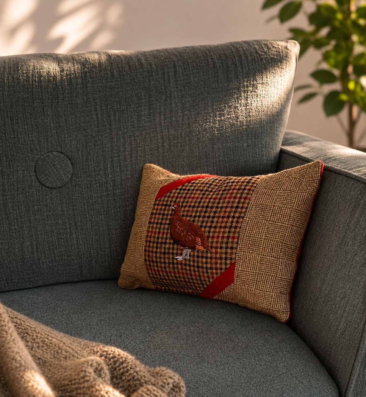 Bespoke Handmade embroidered tweed cushion