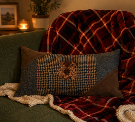Welsh terrier bespoke handmade embroidered tweed cushion